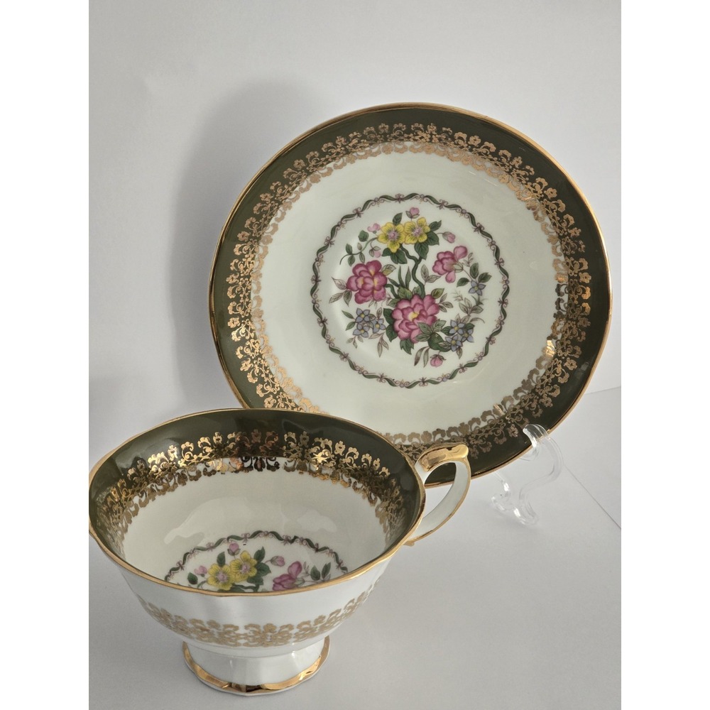 Elizabethan Versailles Staffordshire Bone China Tea Cup & Saucer Floral Green
